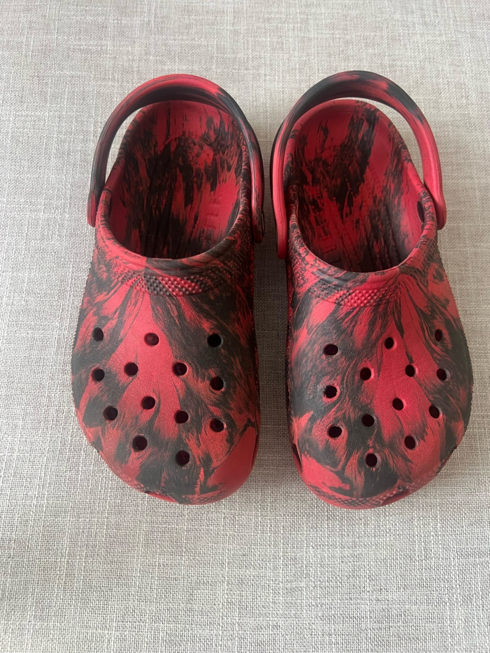 CROCS Red/Black Marble Clogs, boys/kids 3, outdoors, school playground, casual